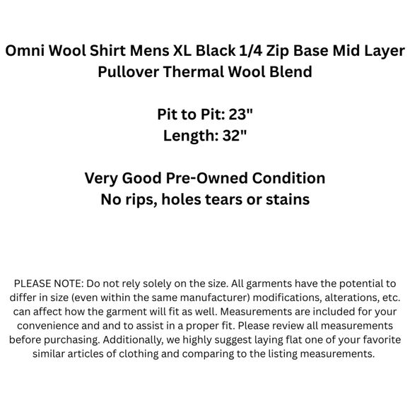 Omni Wool Shirt Mens XL Black 1/4 Zip Base Mid Layer Pullover Thermal Wool Blend - Picture 2 of 9